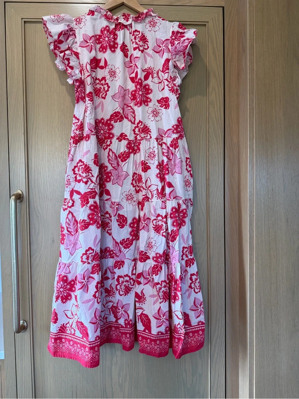 Pinch Pink and Red Floral Maxi Dress Cotton Tassle Tie Front Tiered / medium
